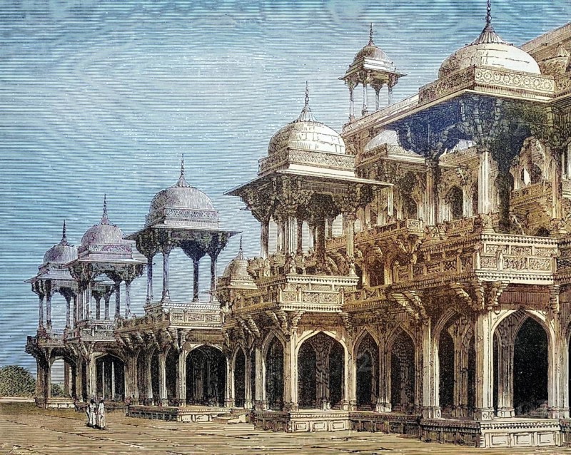 The mausoleum of the ruler Akbar, Agra, India, coloured wood engraving, reproduction from a model from ca 1888, Historical, Historical depiction of a majestic palace with elaborate domes in India
