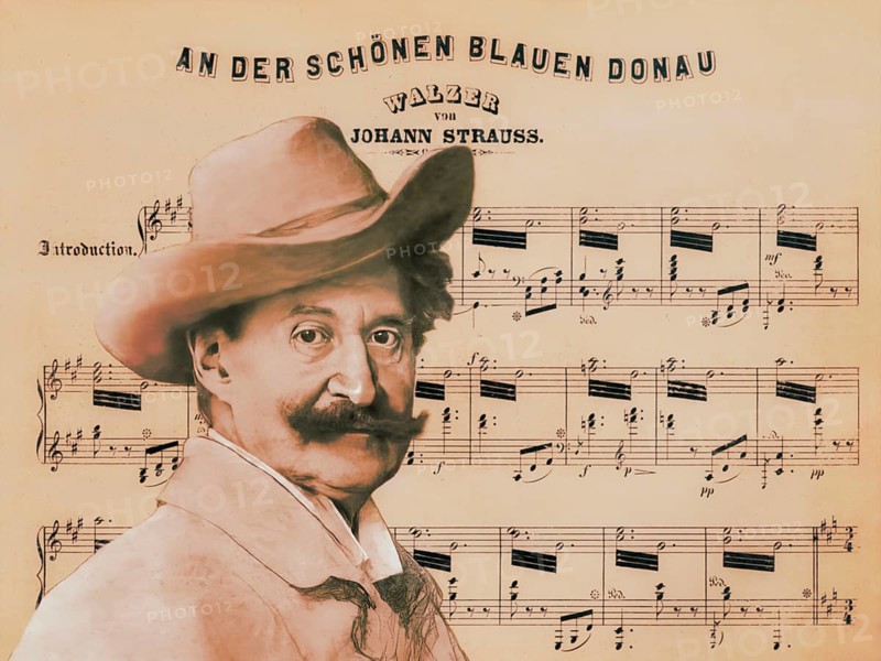 Johann Baptist Strauss II, 1825 – 1899, Austrian composer and violinist, 1879, digitally edited according to an illustration by Leopold Horovitz, notesheet from „The Blue Danube“