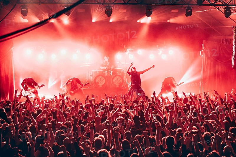 Henrik Sandelin (bassist), Jonas Kungen Jarlsby (guitarist), John Alfredsson (drummer), Johannes Eckerström (singer) and Tim Öhrström (guitarist) of the band Avatar live on In The Airwaves Tour in Munich TonHalle on 05/03/2026