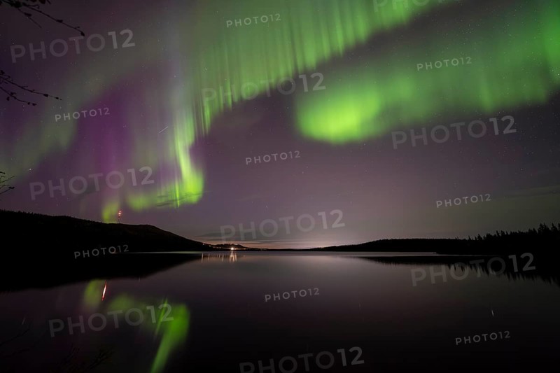 Northern Lights (Aurora borealis) reflected in a forest lake, Gällivare, Norrbotten, Lapland, Sweden, September 2023