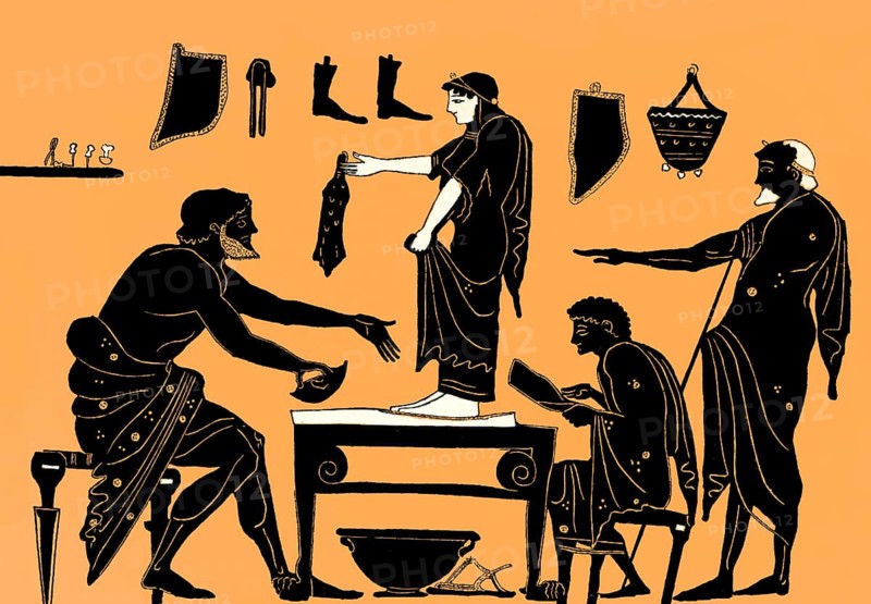 Ancient Greek shoemaker, workshop, black-figure pottery painting