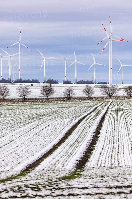 Wind farm in snowy landscape, Gevensleben, Lower Saxony, Germany