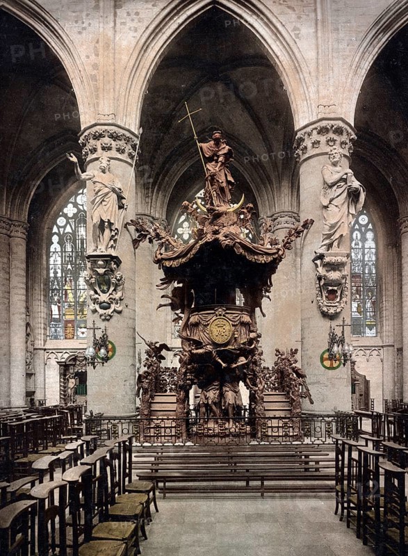 Interior, Cathedral of St Michael and St Gudula, Cathédrale St Michel et Gudule, Brussels, Belgium, Historic, digitally restored reproduction from a 19th century original, Record date not stated
