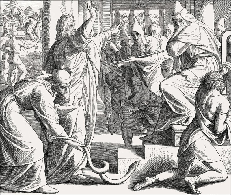 Moses and Aaron Appear before Pharaoh, Staffs to Snakes, Old Testament, by Julius Schnorr von Carolsfeld, 1860