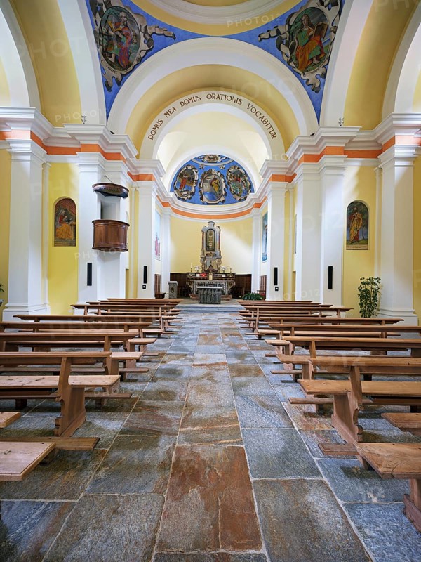 Interior view of the church of Santa Maria Lauretana, Sonogno, Valle Verzasca, Verzasca Valley, Canton Ticino, Switzerland