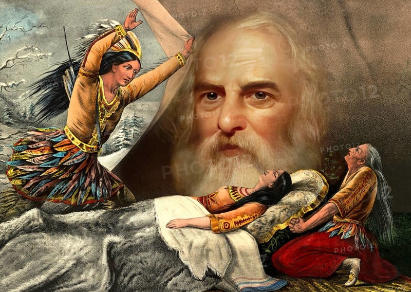Henry Wadsworth Longfellow, 1807 – 1882, American poet, digitally edited according to a painting by Thomas Buchanan, Death of Minnehaha, scene from The Song of Hiawatha by Henry Wadsworth Longfellow