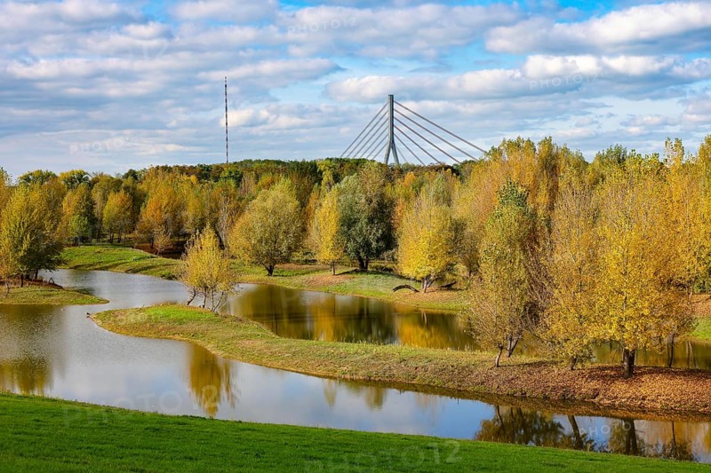Wesel, Lower Rhine, North Rhine-Westphalia, Germany - autumn on the Lippe, trees with colorful autumn leaves in the restored river floodplain area of Büdericher Insel above the mouth of the Lippe into the Rhine, Lippe estuary nature reserve, in the back the Lower Rhine bridge Wesel