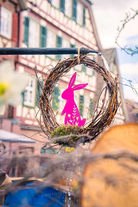 Colourful Easter decoration in front of a traditional half-timbered house in spring, Calw, Black Forest, Germany