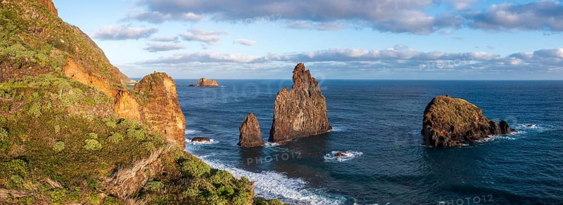 Ilheus da Rib volcanic rock formation on the cliffs of Ribeira da Janela, Madeira, Portugal