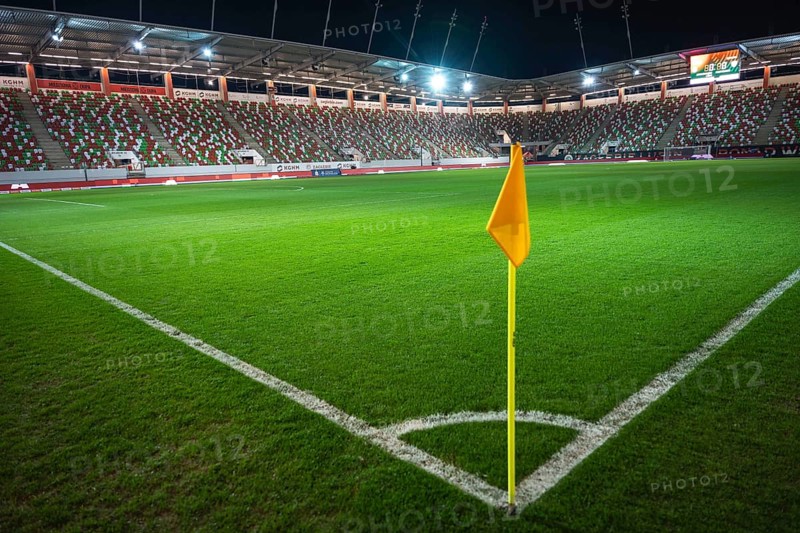 LUBIN, POLAND - MARCH 1, 2025: Football match between KGHM Zaglebie Lubin vs Piast Gliwice. Stadium aerial view from the corner