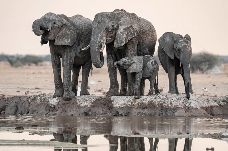 Animal family with baby elephant, African elephants (Loxodonta africana), drinking at the waterhole, dramatic reflection in the water, Nxai Pan National Park, Botswana