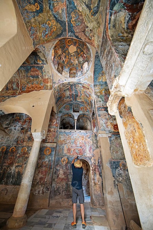 Church frescoes in the Byzantine ruined city of Mystras or Mistra on the Taygetos Mountains, UNESCO World Heritage Site, Laconia, Peloponnese, Greece