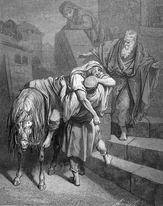 Arrival of the Samaritan in front of the inn, he treated his wounds with oil and wine, Luke chapter 10, verse 34, inn, horse, rider, rescue, healing, grooming, steps, man, woman, healing, oil, Christian religion, Bible, New Testament, steel engraving Doré, historical illustration 1885