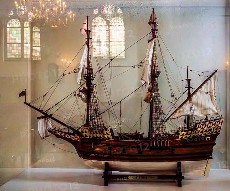 Model of the Mayflower, Pelgrimvaderskerk, Delfshaven, historic district known for its picturesque harbor, starting point of the departure of the Pilgrim Fathers 1620, Rotterdam, Netherlands
