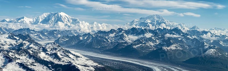 Panorama, clouds over high mountains, Mt Foraker and Mt Denali or Mount McKinley with Kahlitna Glacier, aerial view, Alaska Range, Denali National Park, Alaska, USA