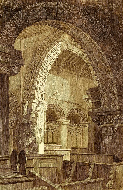 All Saints' Church Walsoken, Norfolk, All Saints Church, monument protection, Plantagenet period, middle ages, interior, rows of benches, round arches, England, Great Britain, steel engraving, historical illustration 1842