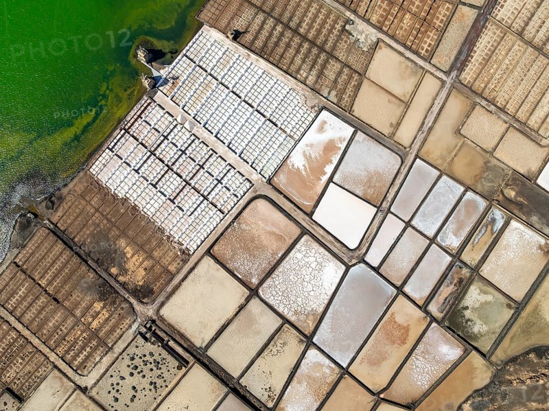 Salt mining plant, Salinas de Janubio, top-down, near Yaiza, drone shot, Lanzarote, Canary Islands, Spain