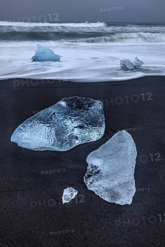 Ice floes, beach, sea, waves, cloudy, Diamond Beach, Breidamerkursandur, Jökulsarlon, Iceland
