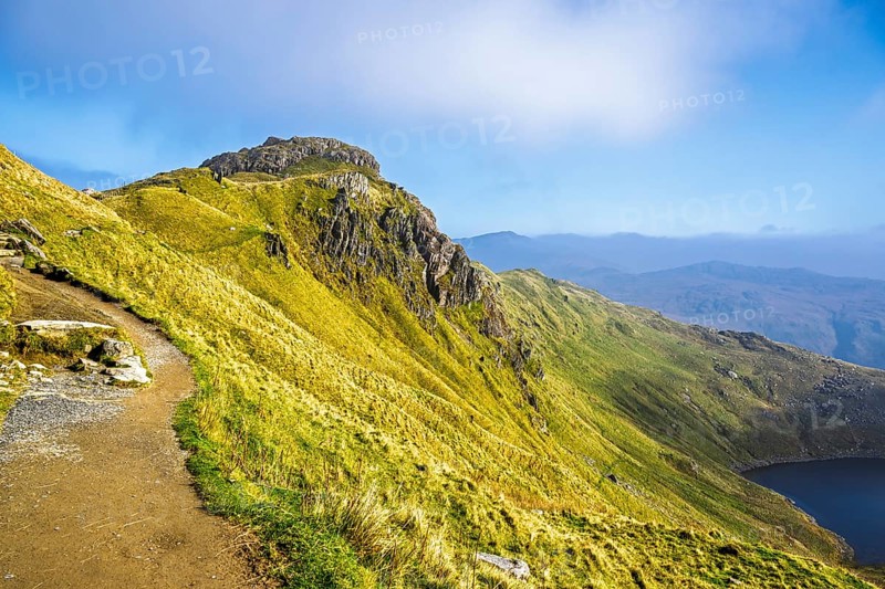 Pyg Track over Llyn Llydaw lake, Pen-y-Pass, mountain pass, Snowdonia, Gwynedd, north-west Wales, UK
