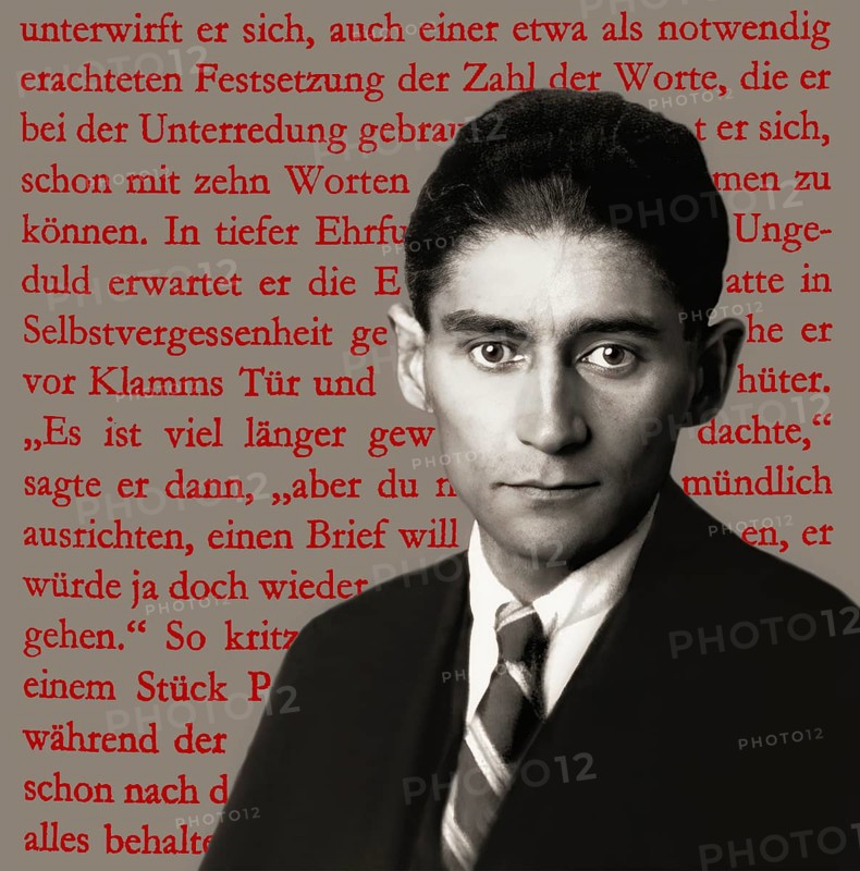 Portrait of Franz Kafka, 1883 – 1924, German-speaking Bohemian novelist, digitally edited according to a photograph and a page from „The Castle“