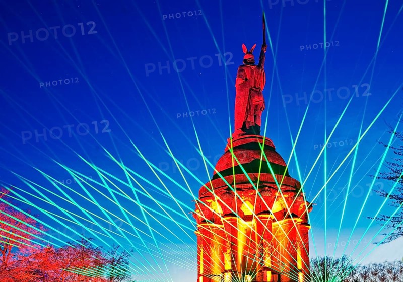 Illuminated Hermann monument with laser show, event Hermann lights up, artist Uwe Acker, Detmold, North Rhine-Westphalia, Germany