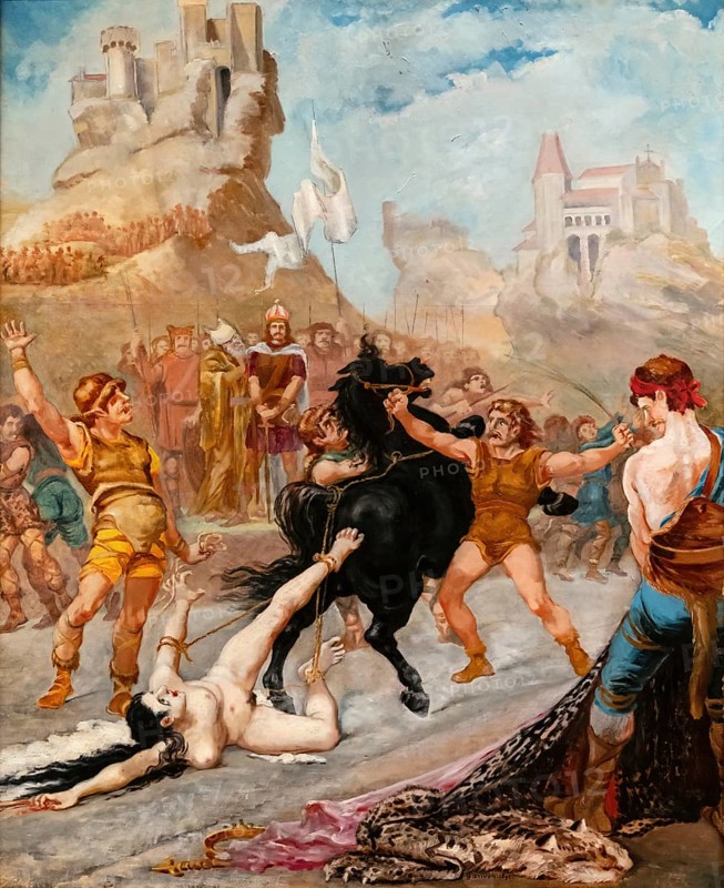 The Death of Brunhilde in the Saga of the Nibelungs, Brünhild, painting by Jean-Baptiste Cariven (1843 to 1904, French painter), reproduction of a 19th century painting, digitally restored, historical