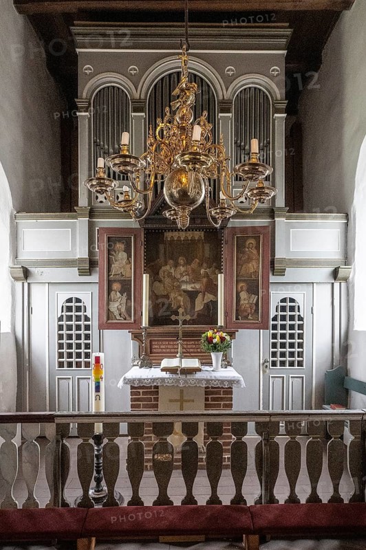 Altar of the church in fog, Amrum, Schleswig-Holstein, Germany