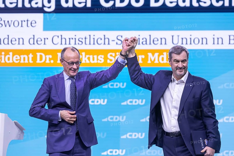 38th Federal Party Congress of the CDU of Germany in Stuttgart. Greetings from Markus Söder, party leader of the sister party CSU and Minister-President of the Free State of Bavaria. Federal Chancellor Friedrich Merz. Stuttgart, Baden-Württemberg, Germany
