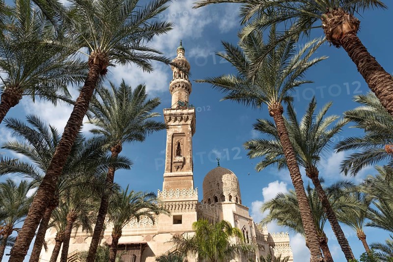 Alexandria, Egypt. December 3rd 2022 13th century Islamic architecture of Abu Al Abbas al Mursi Mosque, tomb of Sufi saint Murcian Andalusi, near the citadel of Qaitbay, Alexandria, Egypt
