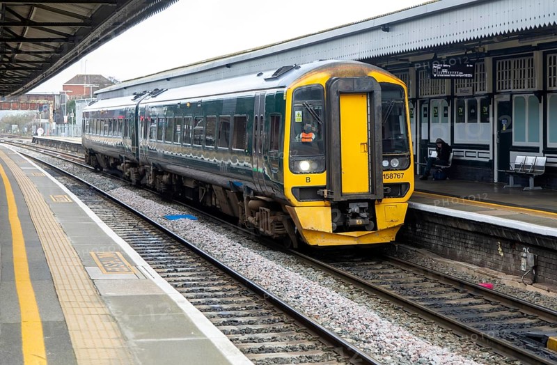 British Rail Class 158 Express Sprinter train diesel multiple 158767, Westbury railway station, Westbury, Wiltshire, England, UK