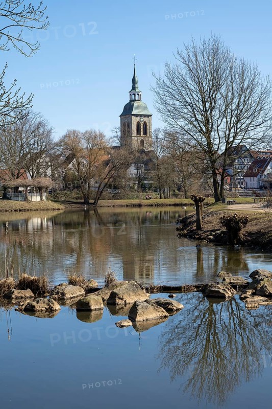 Town view with St.Aegidius church at the Emssee, Wiedenbrück, Rheda-Wiedenbrück, Westphalia, North Rhine-Westphalia, Germany