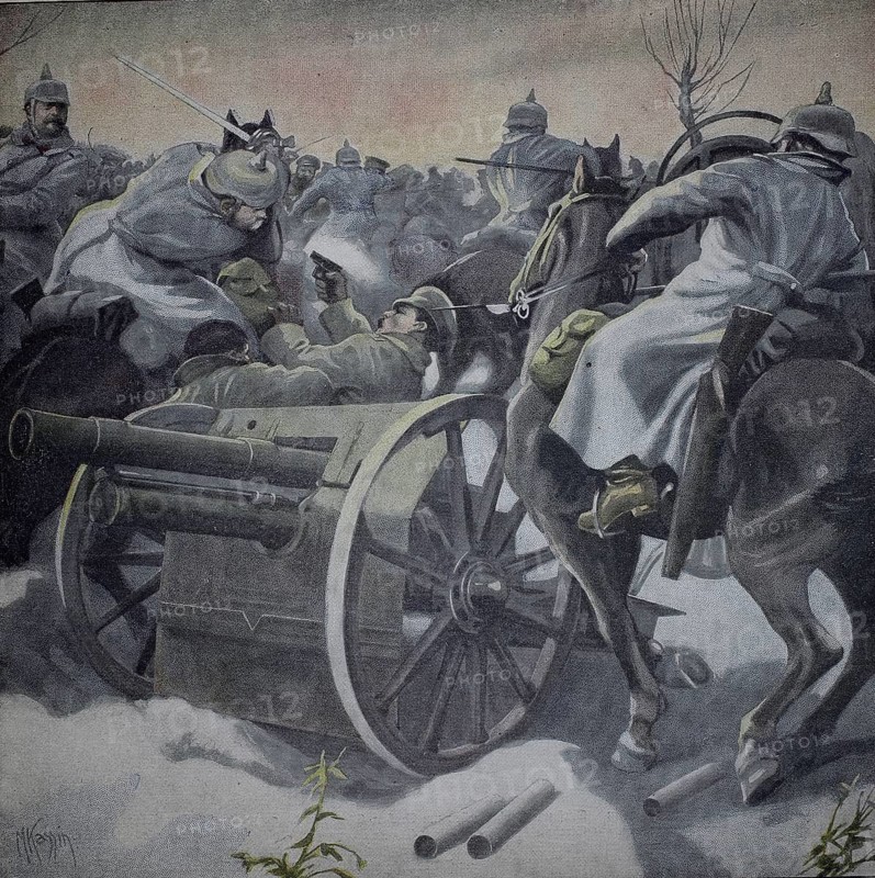 World War 1, Battles continue between the Rawka and Sucha rivers, all of which are decided in favour of the German troops. Picture shows the battle for a Russian battery, which is helped by a Cossack detachment (original text from 1915, original colouring), illustration, reproduction from a 19th century original. Authentic, file restored for optimal use, exact date of original unknown, historical, horsemen and soldiers fighting in the snow next to a cannon