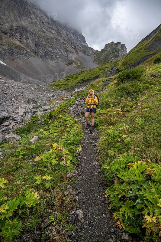 Hiker on the Carnic High Trail, Carnic Alps, Carnic Alps main ridge, Austria