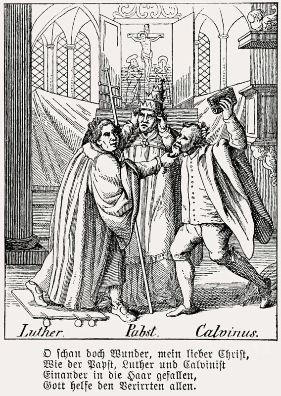 Caricature of the disputes between Martin Luther and Johannes Calvin