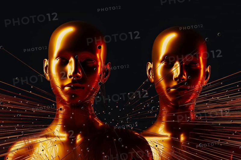 Two metal humanoids stand between illuminated lines representing the concept of artificial intelligence and modern technology in a dark background