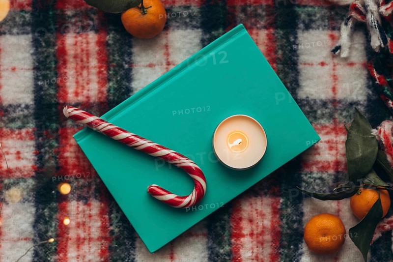 Top view of a festive holiday display featuring a lit candle, candy cane, book, and fresh tangerines on a plaid background, capturing the warmth and spirit of the Christmas season