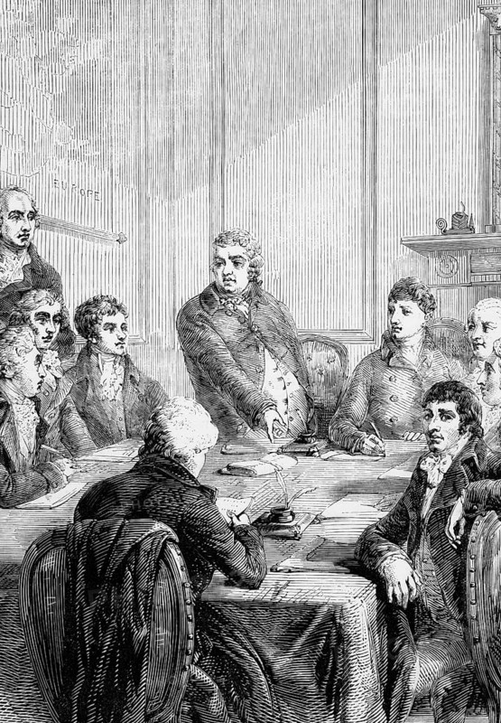 The British cabinet of Charles James Fox (1749 to 1806), standing in the centre. He was a prominent British Whig statesman who joined a coalition as Foreign Secretary shortly in front of his death, England, digital reproduction of a historical model