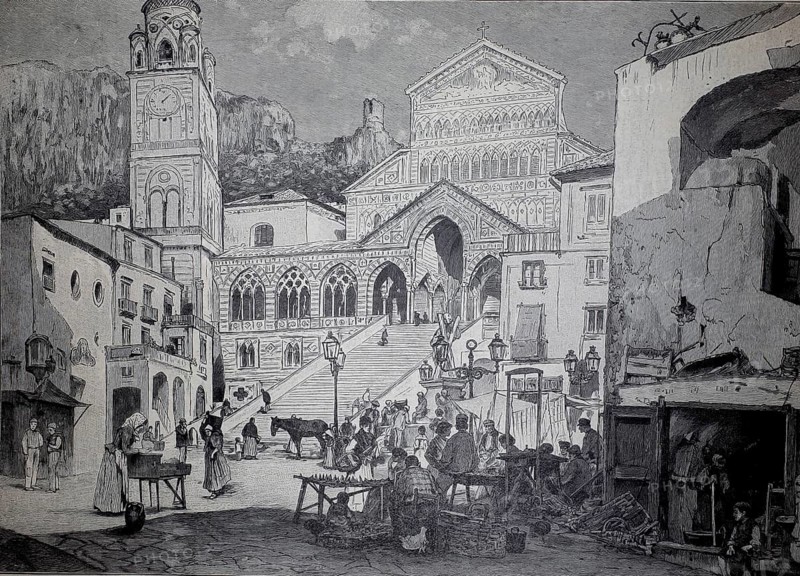 The Cathedral Square in Amalfi, around 1895, Italy, illustration, reproduction from a 19th century model. Authentic, file restored for optimal use, exact date of original unknown, Historic, A busy street scene in front of an old church in an Italian town
