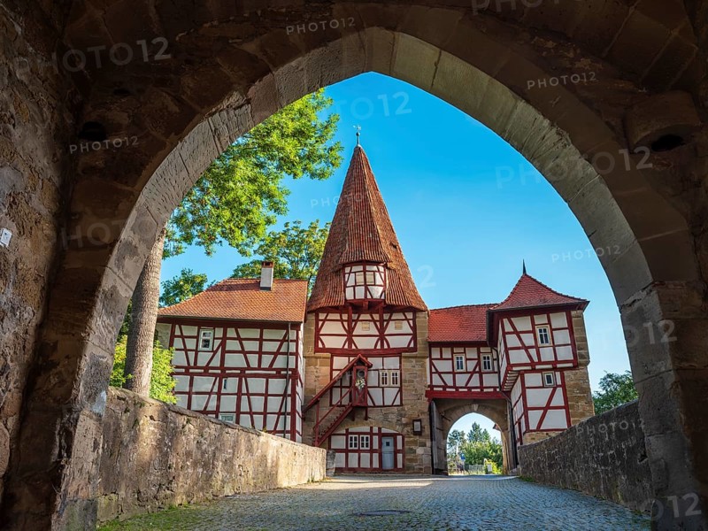 View from Mittagsturm to Rödelseer Tor, Iphofen, Lower Franconia, Mainfranken, Bavaria, Germany