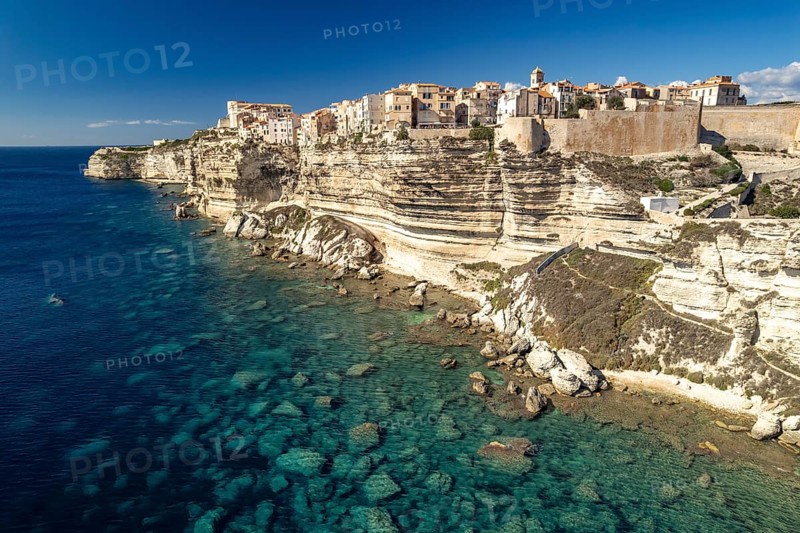 Bonifacio and the cliffs seen from the air, Corsica, France