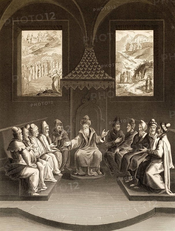 The Pharisees plan to kill Jesus Christ, New Testament, steel engraving 1853, digitally restored