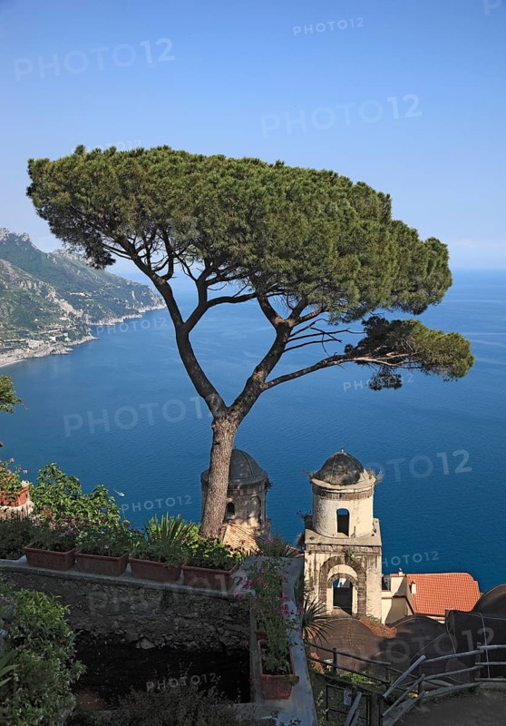 View from Villa Rufolo of the Gulf of Salerno and the towers of the Church of Chiese dell Annunziata, Campania, Italy