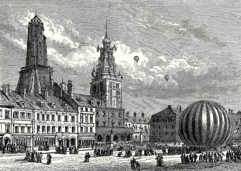 Departure of balloon le Neptune, Place d'Armes, Calais, France, 1868