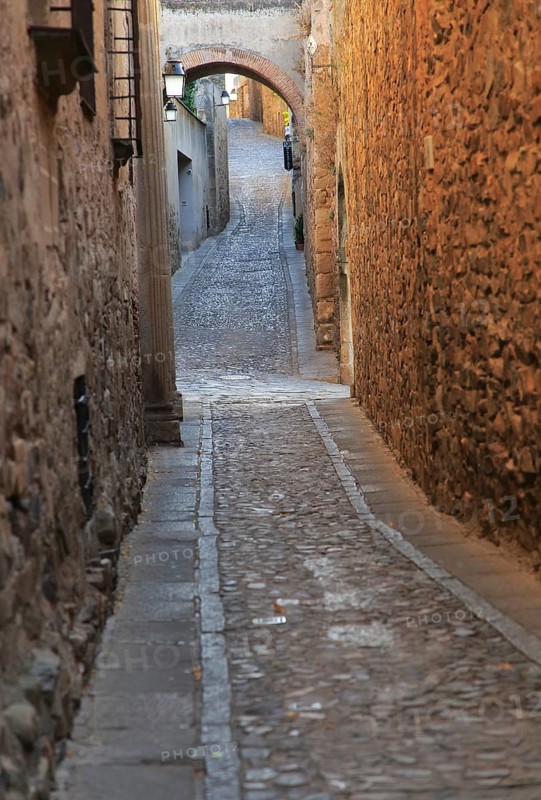 Narrow cobbled streets in medieval old town, Caceres, Extremadura, Spain