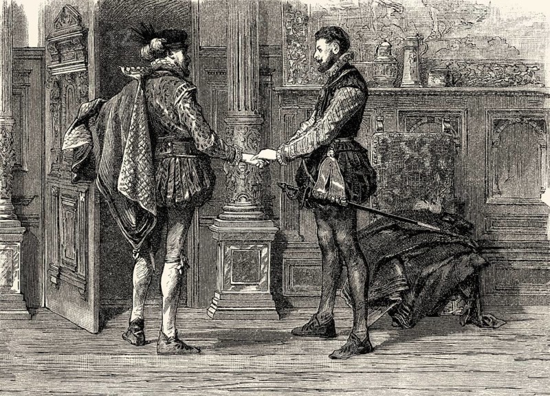 ACT II, SCENE II., Egmont's residence, Egmont with WILLIAM OF ORANGE, scene from EGMONT by Johann Wolfgang von Goethe