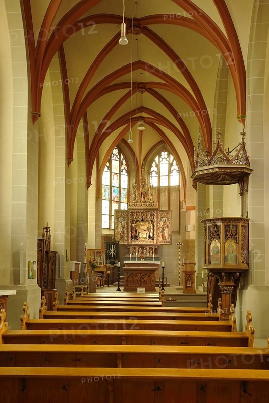 Interior view with pulpit of the UNESCO St Martin's Church, Sankt, Lorch, Rheingau, Taunus, Hesse, Upper Middle Rhine Valley, Germany