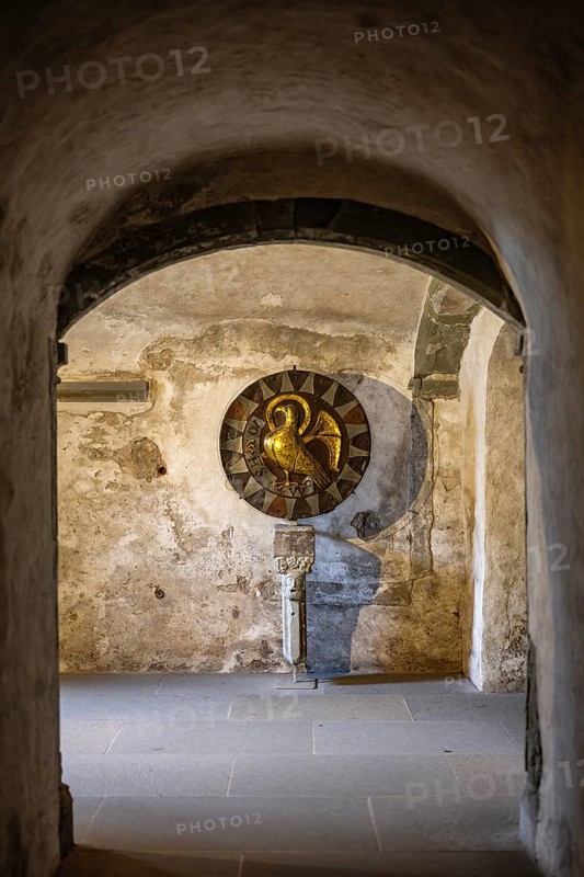 Johannesscheibe in the Romanesque crypt of Constance Cathedral is a round disc made of driven, fire-gilded copper sheet in the 13th century, which depicts the eagle as a symbol of the Evangelist Johannes, Constance, district of Constance, Baden-Württemberg, Germany