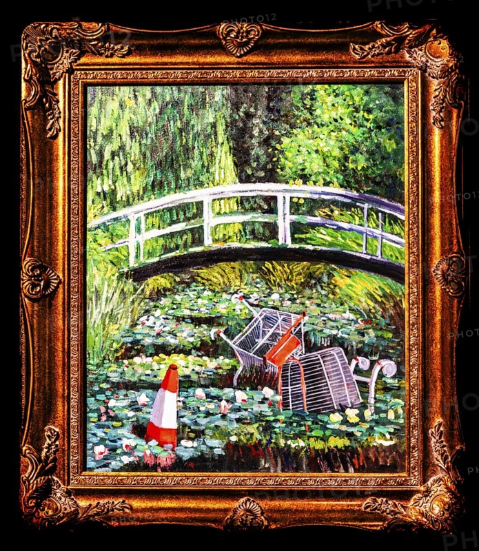 Banksy - Show me the Monet, criticism of cosumism and environmental ignorance in a reinterpretation of Monet's water lilies, 2005, exhibition The World of Banksy