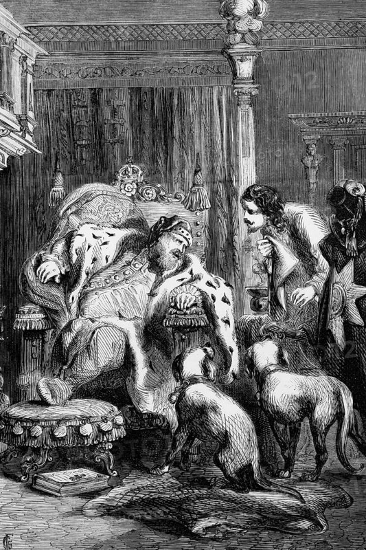 The death of King James I, James I, in the spring of 1625 after severe bouts of arthritis, gout and fainting. He later suffered a stroke and died of a violent attack of dysentery on 27 March, Lord Buckingham at his bedside, England, digital reproduction of a historical original