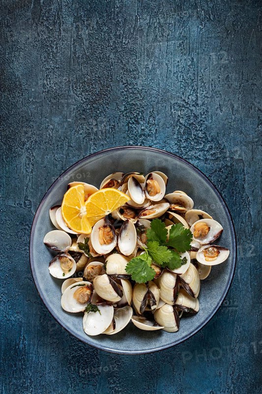 Vongole clams, with spices and white wine, top view, no people